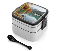 asbwuo Lonchera Bento de doble capa con paisaje otoñal del lago Kanas para adultos, con cuchara y asa. Lonchera apilable de una pieza, hermética, para trabajo, picnics y viajes.
