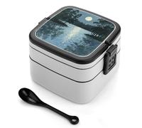 asbwuo Lonchera Bento de doble capa Moonlight on A Quiet Lake para adultos con cuchara y asa. Lonchera apilable de una pieza a prueba de fugas para el trabajo, picnics y viajes.