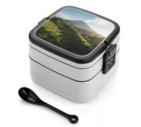 asbwuo Lonchera de doble capa con forma de volcán en terrazas de Bali para adultos, con cuchara y asa, apilable y hermética, ideal para el trabajo, picnics y viajes.