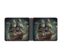 asbwuo Nautical Vintage Sailing Pirate Ship Leather Bifold Wallet with 2 Hidden Pockets 6 Card Slots Slim Wallets for Cash, Cards, And ID