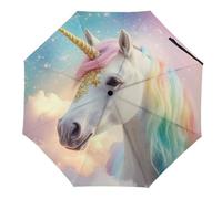 asbwuo Ombrello pieghevole a tre punte con cavallo e stelle arcobaleno, portatile, antivento, con apertura/chiusura automatica, per uomo e donna