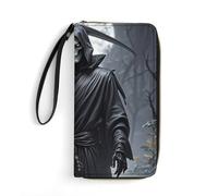 asbwuo Portafoglio da donna Grim Reaper in pelle PU con cerniera, pochette da polso, borsa lunga da viaggio per donna, organizer per carte