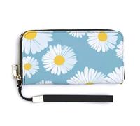 asbwuo Portafoglio lungo a due ante in ecopelle PU azzurra con margherite bianche e centro giallo, portamonete, porta carte di credito, porta soldi resistente per uomo e donna.