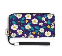 asbwuo Portafoglio lungo a due ante in ecopelle viola con piccole margherite bianche e foglie verdi, portamonete, porta carte di credito, porta soldi resistente per uomo e donna.