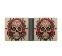 asbwuo Red Rose Sugar Skull Leather Bifold Wallet with 2 Hidden Pockets 6 Card Slots Slim Wallets for Cash, Cards, And ID