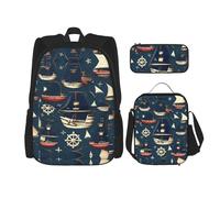 asbwuo Set di 3 pezzi composto da zaino, borsa per il pranzo e astuccio a tema pirati e vela, resistente e di grande capacità.