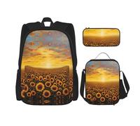 asbwuo Set di 3 pezzi con zaino, borsa per il pranzo e astuccio, colore Campo di girasoli al tramonto, mare di fiori, capiente, resistente e durevole.