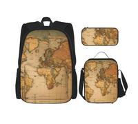 asbwuo Set di 3 pezzi con zaino capiente, borsa per il pranzo e astuccio con mappa del mondo, resistenti e durevoli.