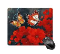 asbwuo Tapis de souris carré imperméable à motifs de fleurs et papillons rouges, antidérapant, idéal pour le jeu sur bureau, au bureau et à la maison.