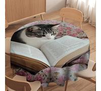 asbwuo Tovaglia rotonda con fiori e libri di gatti, lavabile, motivo: animali astratti, per cucina, sala da pranzo, decorazioni per le feste all'aperto, 60 pollici