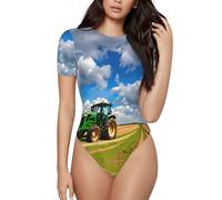 asbwuo Trattore Sotto Cielo Blu E Nuvole Bianche Collo Tute Per Le Donne Manica Corta Body Suits Base Top Casual