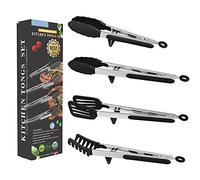 Aschef 4in1 Set Pinze Cucina in Acciaio Inox Pinza con Punta Silicone Senza BPA Tostapane Pasta Spaghetti Torta BBQ Bistecca Pizza Verdura Insalata Frutta Buffet Clip Strumento di Servizio Gadget Nero