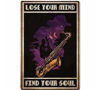 Ascigo Targa in metallo divertente con sassofono "Lose Your Mind" Find Your Soul Playing The Saxophone Under The Stars, targa in latta retrò per casa, uomo, grotta, hotel, bar, caffetteria