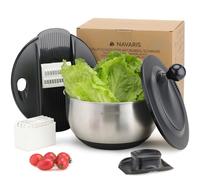 Navaris Centrifuga per Insalata con Coperchio - Gira Insalata in Acciaio Inox - Asciuga Insalata - Lavaggio Asciugatura e Rotazione Facili - con Dischi per Grattugiare e Tagliare