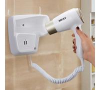 Bakaji Asciugacapelli da Parete Muro Phon Asciuga Capelli Bagno Potenza 1300W Temperatura Regolabile Ingresso USB Ricarica Smartphone 22x18x6cm Colore Bianco Platino per Casa Hotel