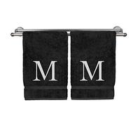 Asciugamano con monogramma, regalo personalizzato, set di 2 asciugamani ricamati con lettera a blocchi bianchi, extra assorbente, 100% cotone turco, finitura morbida spugna, iniziale M, nero