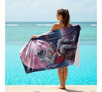 Asciugamano da bagno in microfibra ad asciugatura rapida con stampa di astronauta e pizza, divertente decorazione per cibo cosmico, per adulti e piscina (02,160 cm x 80 cm)