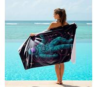 Asciugamano da bagno in microfibra ad asciugatura rapida con stampa di astronauta e pizza, divertente decorazione per cibo cosmico, per adulti e piscina (04,180 cm x 100 cm)