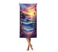 Asciugamano da bagno sottile, grande, ad asciugatura rapida, senza sabbia, con girasoli, cielo viola, tramonto, onde e fiori, per piscina, viaggi, bagno, sport, yoga, palestra, adulti, 27 x 55 pollici