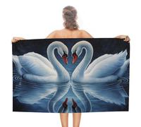 Asciugamano da spiaggia a forma di cuore con immagine a specchio di cigni in microfibra senza sabbia, asciugamano da doccia grande, multiuso, assorbente, per bagno e piscina, 130 x 80 cm