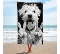 Asciugamano da spiaggia con cane bianco con due segni di pace in microfibra senza sabbia, asciugamano da doccia grande multiuso assorbente per bagno piscina 130 x 80 cm