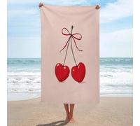 Asciugamano da spiaggia con due ciliegie rosse a forma di cuori di San Valentino in microfibra senza sabbia, grandi asciugamani da doccia multiuso assorbente per bagno piscina 130 x 80 cm