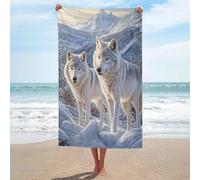 Asciugamano da spiaggia con due lupi bianchi nella foresta della neve e montagne, asciugamano da spiaggia in microfibra senza sabbia, grande, multiuso, assorbente, per bagno e piscina, 130 x 80 cm
