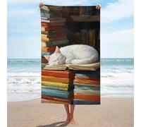 Asciugamano da spiaggia con gatto bianco che dorme sulla cima di un libro aperto, in microfibra, senza sabbia, grande, multiuso, assorbente, per bagno e piscina, 130 x 80 cm