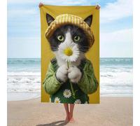 Asciugamano da spiaggia con gatto bianco e nero con margherite, in microfibra, grande, multiuso, assorbente, per bagno e piscina, 130 x 80 cm