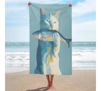 Asciugamano da spiaggia con gatto che tiene un pesce intero, in microfibra, senza sabbia, grande, multiuso, assorbente, per bagno e piscina, 130 x 80 cm