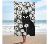 Asciugamano da spiaggia con gatto nero nel campo di fiori bianchi margherite asciugamano da spiaggia in microfibra senza sabbia grandi asciugamani da doccia multiuso assorbente per bagno piscina 130 x