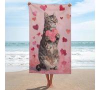 Asciugamano da spiaggia con gatto soriano che tiene un cuore rosa in microfibra senza sabbia, grande asciugamano da doccia multiuso assorbente per bagno piscina 130 x 80 cm