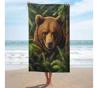 Asciugamano da spiaggia con orso marrone in una foresta verde densa in microfibra senza sabbia, asciugamano da doccia grande, multiuso, assorbente, per bagno e piscina, 130 x 80 cm