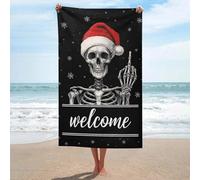 Asciugamano da spiaggia con scheletro di benvenuto che indossa cappello di Babbo Natale, fiocchi di neve, asciugamano da spiaggia in microfibra senza sabbia, asciugamano da doccia grande, multiuso
