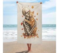 Asciugamano da spiaggia con scheletro umano abbraccia un gatto, in microfibra, senza sabbia, grande, multiuso, assorbente, per bagno e piscina, 130 x 80 cm