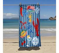 Asciugamano da spiaggia in microfibra blu navy & blu chiaro a righe verticali con stampa dipinta a mano di aragosta & frutta e verdura, asciugamano da bagno assorbente e ad asciugatura rapida senza la