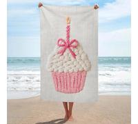 Asciugamano da spiaggia in microfibra senza sabbia con cupcake di compleanno con candela rosa ricamato, grande, multiuso, assorbente, per bagno e piscina, 130 x 80 cm
