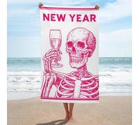 Asciugamano da spiaggia in microfibra senza sabbia con scheletro che tiene un bicchiere di vino, asciugamano da doccia grande, multiuso, assorbente, per bagno e piscina, 130 x 80 cm