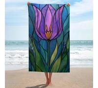 Asciugamano da spiaggia in microfibra senza sabbia, con un singolo tulipano viola su sfondo blu, asciugamano da doccia multiuso assorbente per bagno e piscina, 130 x 80 cm