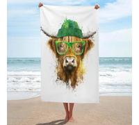 Asciugamano da spiaggia in microfibra senza sabbia, motivo mucca delle Highland con occhiali verde tinta unita, asciugamano da doccia grande, multiuso, assorbente, per bagno e piscina, 130 x 80 cm