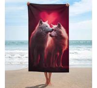 Asciugamano da spiaggia minimalista a forma di cuore con due lupi di San Valentino, in microfibra, senza sabbia, grande, multiuso, assorbente, per bagno e piscina, 130 x 80 cm