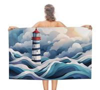 Asciugamano da spiaggia piatto geometrico con faro, in microfibra, grande, multiuso, assorbente, per bagno e piscina, 130 x 80 cm