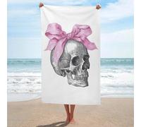 Asciugamano da spiaggia vintage con teschio umano con fiocco in raso rosa in microfibra senza sabbia, grandi asciugamani da doccia multiuso assorbenti per bagno piscina 130 x 80 cm