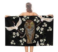 Asciugamano da Spiaggia Watercolor Japanese Style Tiger Crane Rustic Forests Wildlife Tiger Florals Microfibra Asciugamano Leggeri Telo da Bagno per Casa Uomo E Donna Piscina 80X130Cm