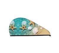 Asciugamano per asciugare i capelli con stampa di stelle marine conchiglia, ad asciugatura rapida, assorbente, velluto corallo, cuffia per capelli asciutti con bottone fisso per asciugare capelli lu