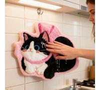Asciugamano per mani in pile di corallo a forma di gatto, asciugamano morbido e assorbente, asciugamani per mani con anello per appendere per bagno e cucina - Gatto con fiocco