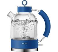 ASCOT Bollitore in vetro, bollitore elettrico, regali per uomo/donna/famiglia, bollitore a pressione da 1,5 l, protezione contro l'essiccazione e spegnimento automatico (classico blu)