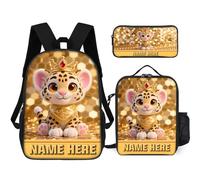 ASD Jewerly 3Pcs Set Personalizzato Animale Leopardo A Tema Zaino Borsa Con Scatola Pranzo, Nome Personalizzato Carino Ghepardo Stampa Casual Zaino Portatile Daypack Borsa Regalo