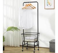 asdchZen Cesto Portabiancheria in Rete Metallica con Ruote, Appendiabiti E Ruote Bloccabili, Carrello Portabiancheria Resistente per Uso Domestico E in Ufficio, Nero, 47 * 43 * 167 Cm