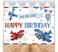 ASDCXZ Aereo Sfondo Fotografico Compleanno 2.2x1.5m, Rosso e blu Airplane Stars Boy 1 anno di compleanno Sfondo 1 anno di compleanno Festa della torta Decor della tavola Banner Photo Studio Props
